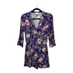 ModCloth Floral Print Romper XS Purple Button‎ Down Pockets V Neck 3/4 Sleeve